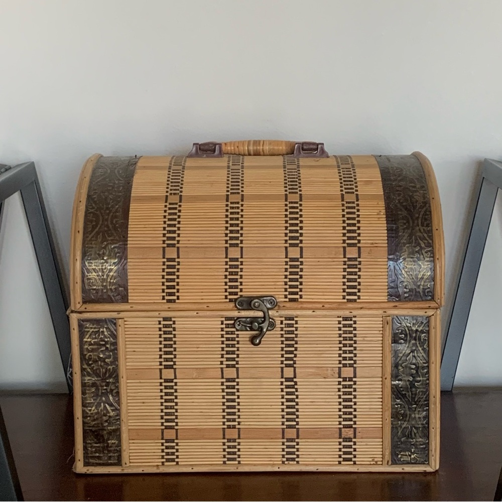 Large tan, brown, and bronze boho chic wooden woven storage chest trunk box